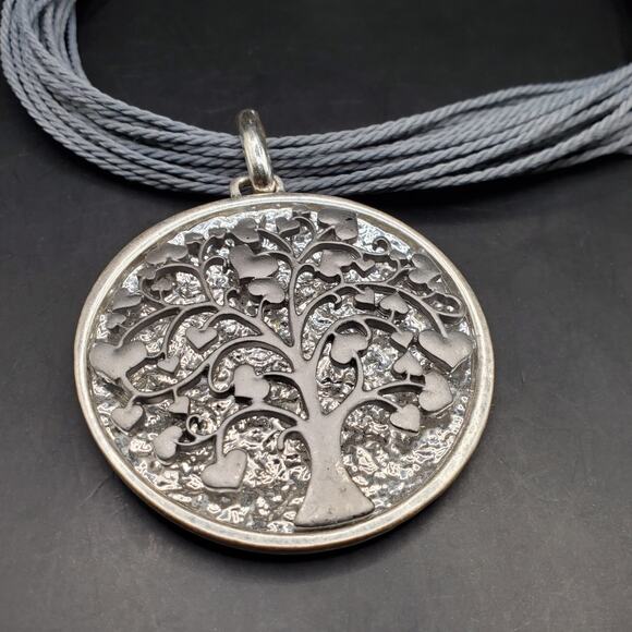 Tree of Life Pendant Necklace Silver Tone Multi-Strand Cord Adjustable Choker - Picture 2 of 9